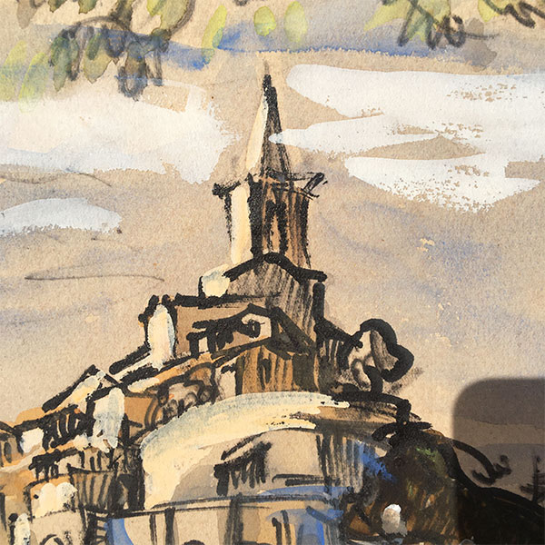 Dessin à l'aquarelle, feutres et encre de Chine représentant le village de Contes en Provence-Alpes-Côte d'Azur.
