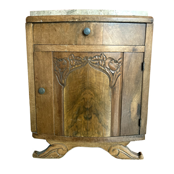 Table de nuit / de chevet vintage en bois avec un plateau en marbre brun impeccable