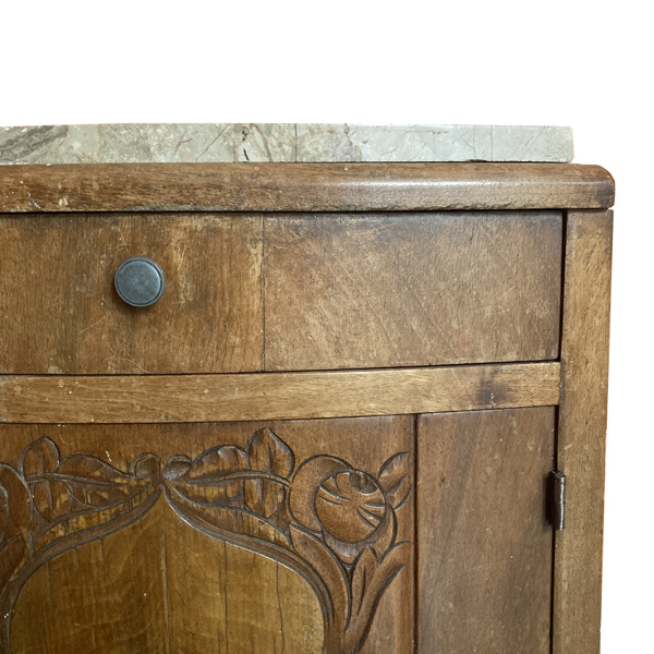 Table de nuit / de chevet vintage en bois avec un plateau en marbre brun impeccable